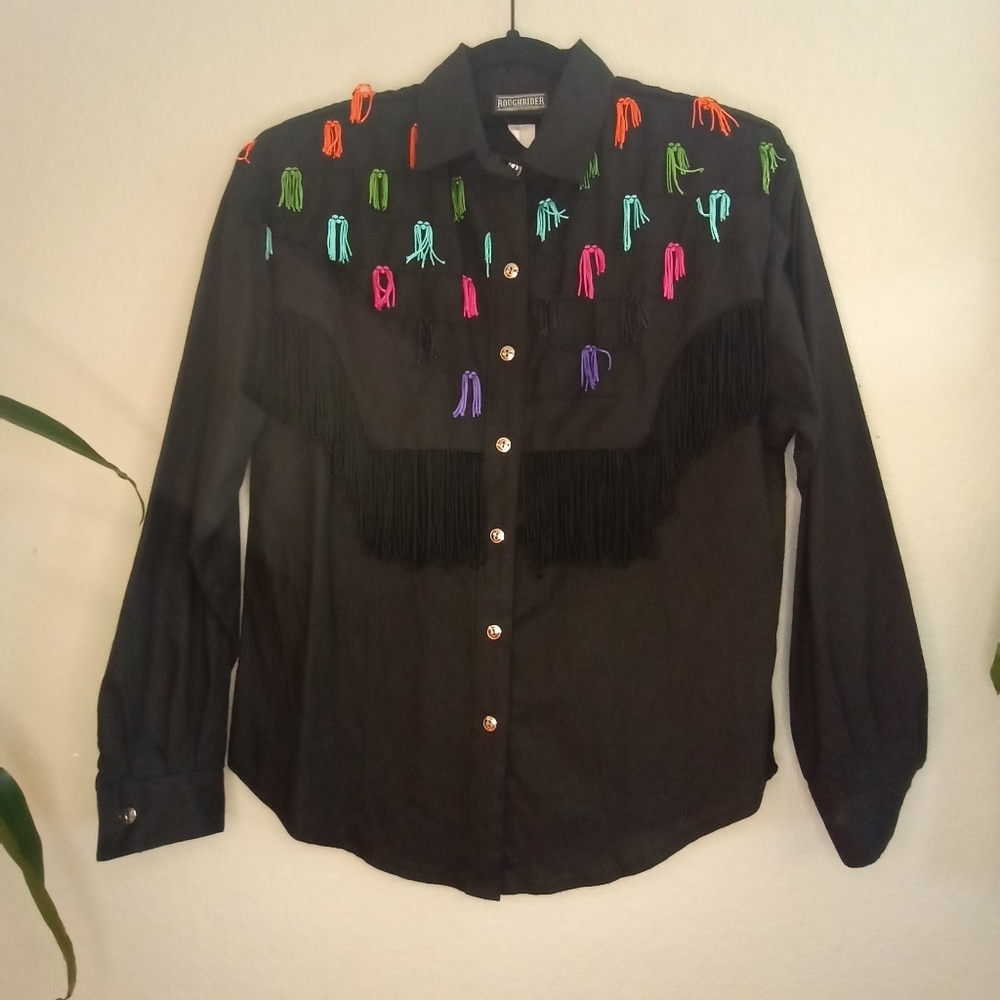 Vintage Roughrider By Circle T Black Western Yoke Fringe Boho Button Up Shirt M